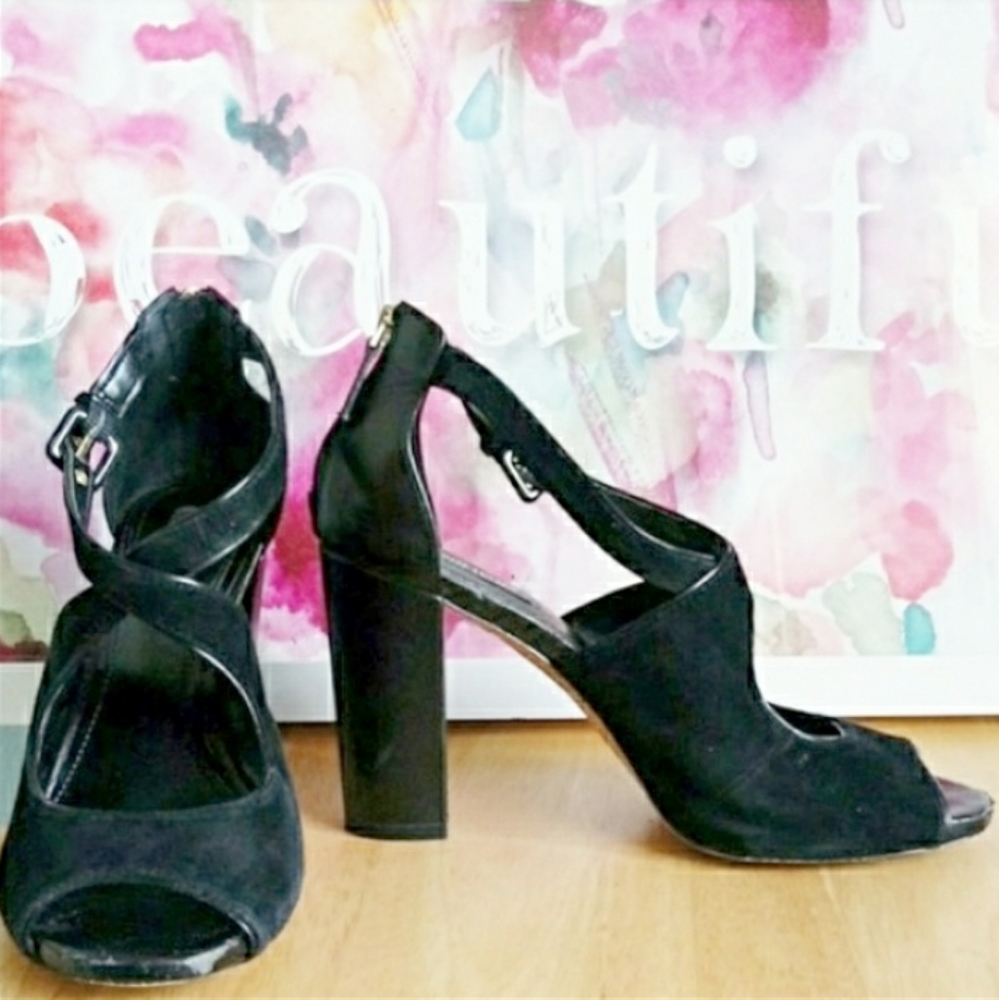 WHBM | 'Wren' Black Suede Ankle Strap Block